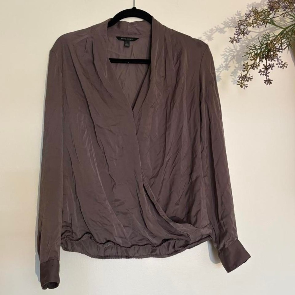 Brown purple draped wrapped blouse-S